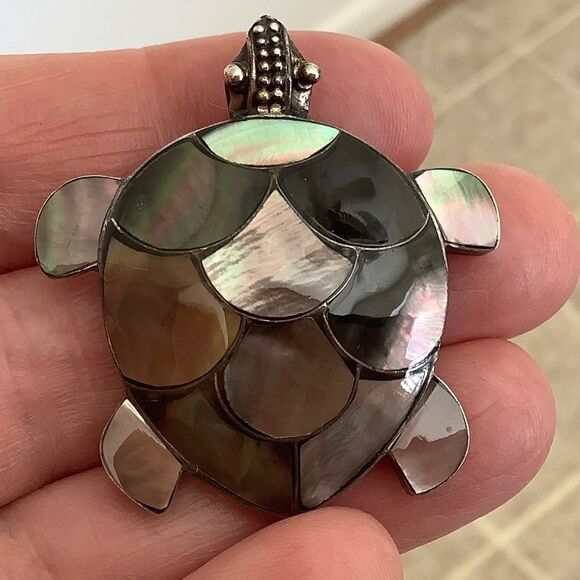 STERLING SILVER 925 ABALONE SHELL TURQUOISE PENDANT - Picture 5 of 7